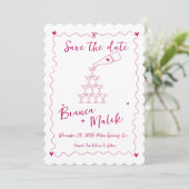 Funky Roze Handgeschreven Champagne Tower Bruiloft Save The Date (Staand voorkant)