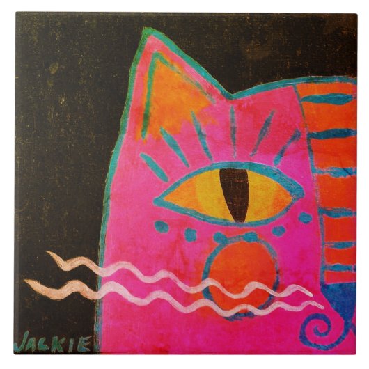 Funky Roze Katten Schilderij Tegeltje (Voorkant)