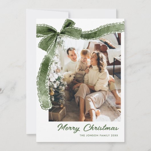 Funky Sage Green Christmas Bow Ribbon 2 Photo Feestdagenkaart (Voorkant)