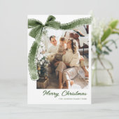 Funky Sage Green Christmas Bow Ribbon 2 Photo Feestdagenkaart (Staand voorkant)