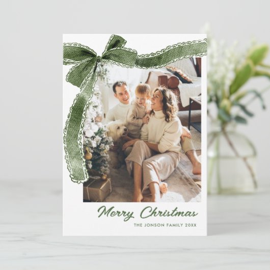 Funky Sage Green Christmas Bow Ribbon 2 Photo Feestdagenkaart (Staand voorkant)