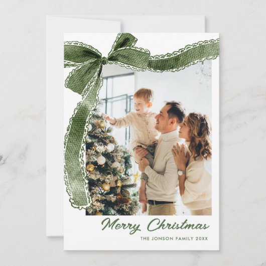 Funky Sage Green Christmas Bow Ribbon 2 Photo Feestdagenkaart (Voorkant)