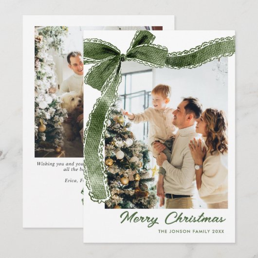 Funky Sage Green Christmas Bow Ribbon 2 Photo Feestdagenkaart (Voorkant / Achterkant)