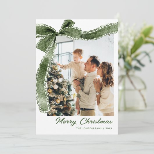 Funky Sage Green Christmas Bow Ribbon 2 Photo Feestdagenkaart (Staand voorkant)