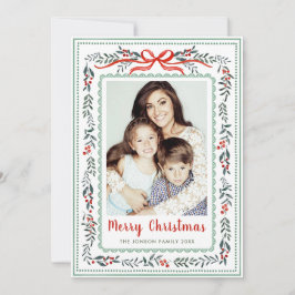 Funky Sage Green Christmas Bow Ribbon 2 Photo Feestdagenkaart