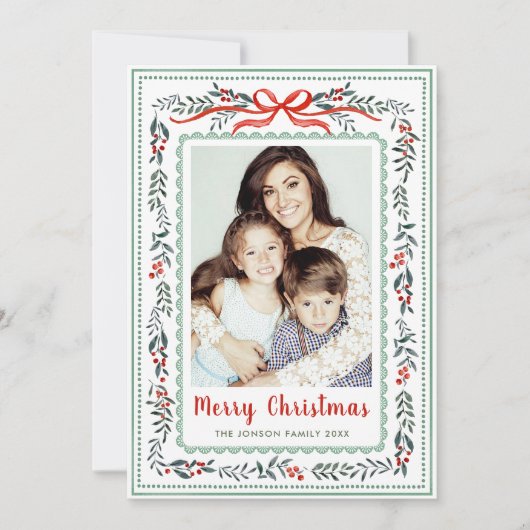 Funky Sage Green Christmas Bow Ribbon 2 Photo Feestdagenkaart (Voorkant)