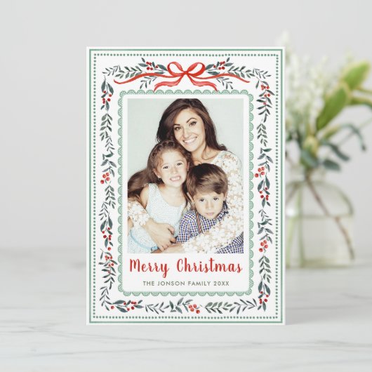 Funky Sage Green Christmas Bow Ribbon 2 Photo Feestdagenkaart (Staand voorkant)