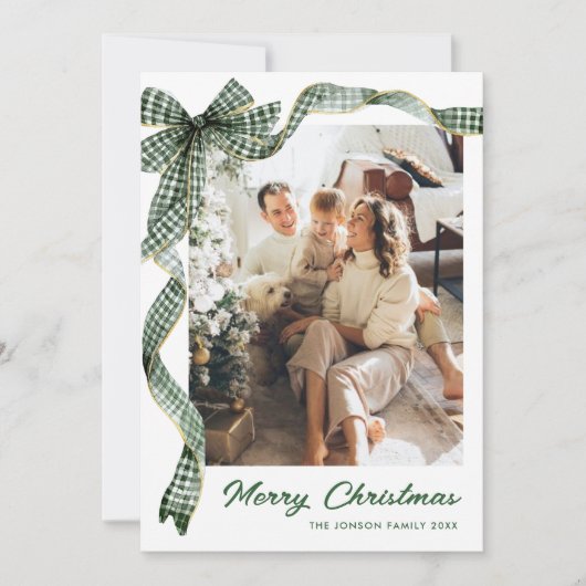 Funky Sage Green Christmas Bow Ribbon 2 Photo Feestdagenkaart (Voorkant)