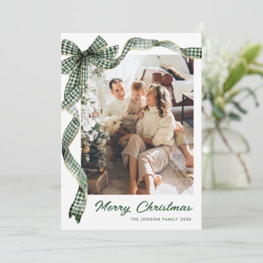 Funky Sage Green Christmas Bow Ribbon 2 Photo Feestdagenkaart (Staand voorkant)