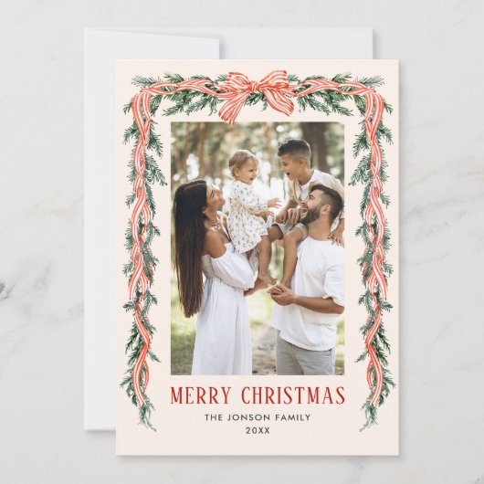 Funky Sage Green Christmas Bow Ribbon 2 Photo Feestdagenkaart (Voorkant)