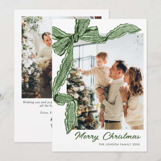 Funky Sage Green Christmas Bow Ribbon 2 Photo Feestdagenkaart (Voorkant / Achterkant)