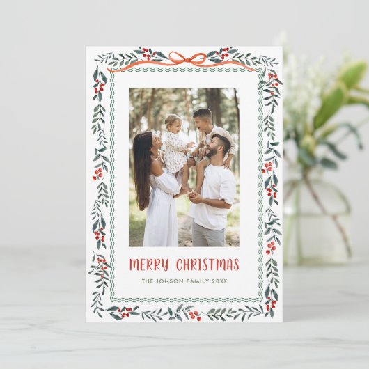 Funky Sage Green Christmas Bow Ribbon 2 Photo Feestdagenkaart (Staand voorkant)