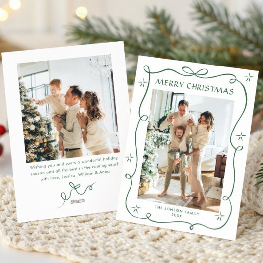 Funky Sage Green Christmas Bow Ribbon 2 Photo Feestdagenkaart