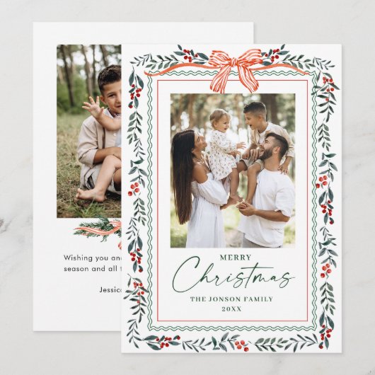 Funky Sage Green Christmas Bow Ribbon 2 Photo Feestdagenkaart (Voorkant / Achterkant)