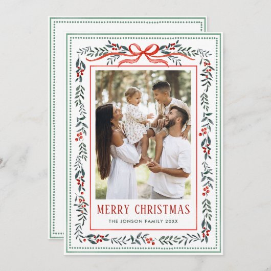 Funky Sage Green Christmas Bow Ribbon 2 Photo Feestdagenkaart (Voorkant / Achterkant)