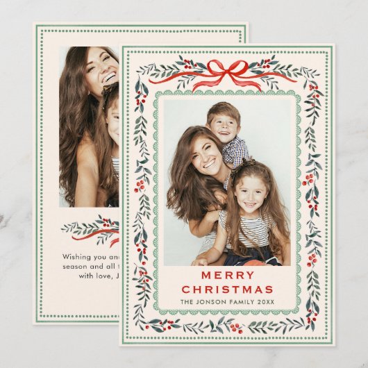Funky Sage Green Christmas Bow Ribbon 2 Photo Feestdagenkaart (Voorkant / Achterkant)