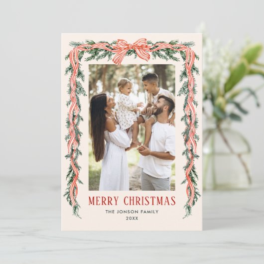 Funky Sage Green Christmas Bow Ribbon 5 Phot Feestdagenkaart (Staand voorkant)
