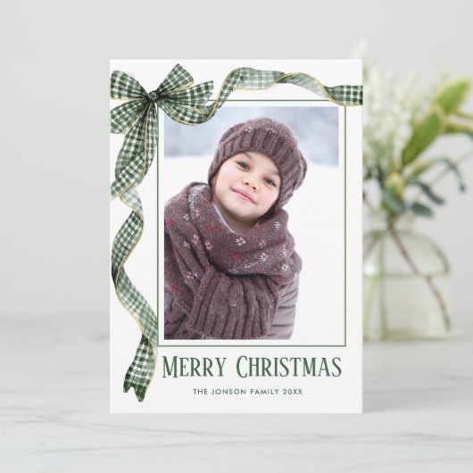 Funky Sage Green Christmas Bow Ribbon 5 Phot Feestdagenkaart (Staand voorkant)