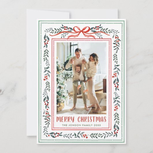Funky Sage Green Christmas Bow Ribbon 5 Photo Feestdagenkaart (Voorkant)