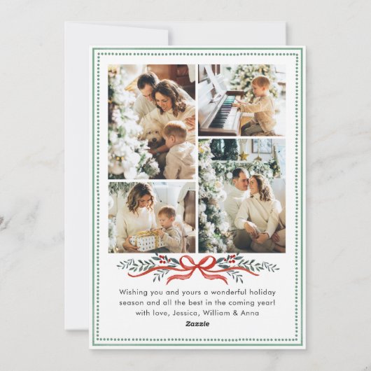 Funky Sage Green Christmas Bow Ribbon 5 Photo Feestdagenkaart (Achterkant)