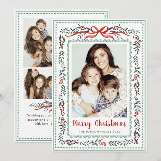 Funky Sage Green Christmas Bow Ribbon 5 Photo Feestdagenkaart (Voorkant / Achterkant)