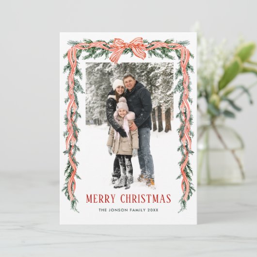 Funky Sage Green Christmas Bow Ribbon 5 Photo Feestdagenkaart (Staand voorkant)