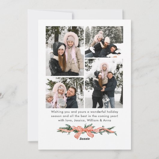 Funky Sage Green Christmas Bow Ribbon 5 Photo Feestdagenkaart (Achterkant)