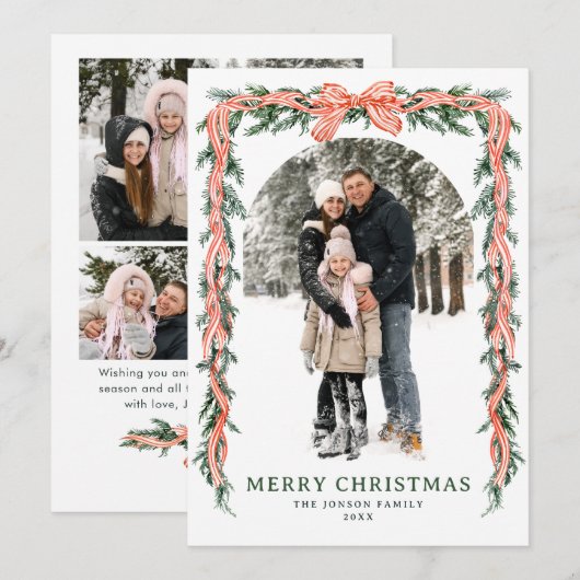 Funky Sage Green Christmas Bow Ribbon 5 Photo Feestdagenkaart (Voorkant / Achterkant)