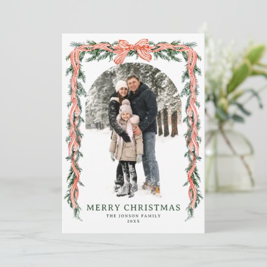 Funky Sage Green Christmas Bow Ribbon 5 Photo Feestdagenkaart (Staand voorkant)