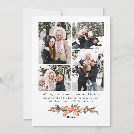 Funky Sage Green Christmas Bow Ribbon 5 Photo Feestdagenkaart (Achterkant)