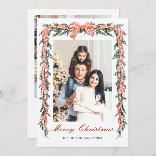 Funky Sage Green Christmas Bow Ribbon 5 Photo Feestdagenkaart (Voorkant / Achterkant)