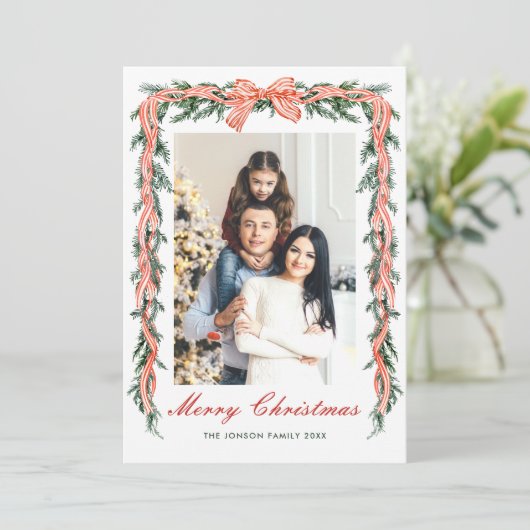 Funky Sage Green Christmas Bow Ribbon 5 Photo Feestdagenkaart (Staand voorkant)