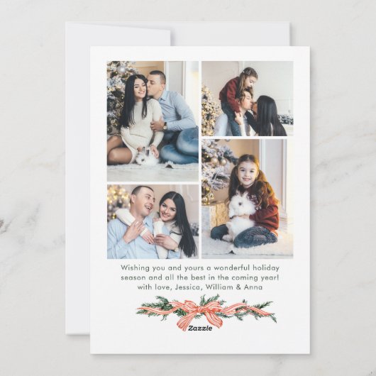 Funky Sage Green Christmas Bow Ribbon 5 Photo Feestdagenkaart (Achterkant)