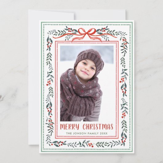 Funky Sage Green Christmas Bow Ribbon 5 Photo Feestdagenkaart (Voorkant)
