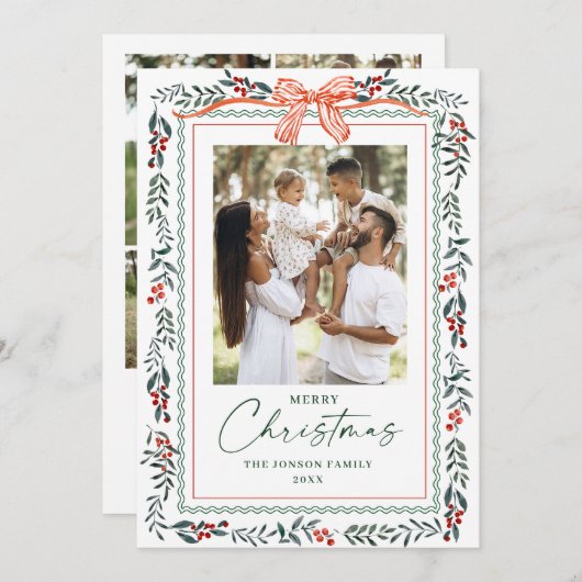 Funky Sage Green Christmas Bow Ribbon 5 Photo Feestdagenkaart (Voorkant / Achterkant)