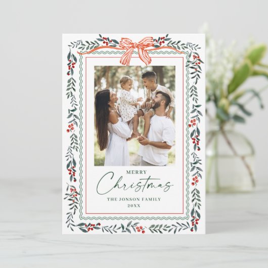 Funky Sage Green Christmas Bow Ribbon 5 Photo Feestdagenkaart (Staand voorkant)