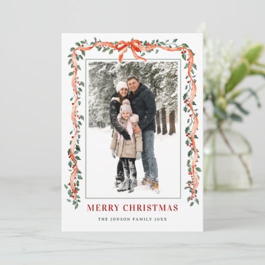Funky Sage Green Christmas Bow Ribbon 5 Photo Feestdagenkaart (Staand voorkant)