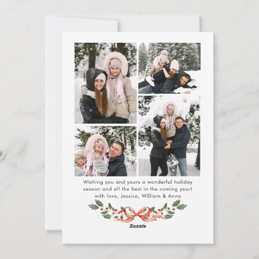 Funky Sage Green Christmas Bow Ribbon 5 Photo Feestdagenkaart (Achterkant)