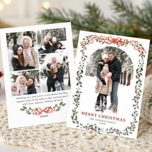 Funky Sage Green Christmas Bow Ribbon 5 Photo Feestdagenkaart