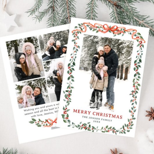 Funky Sage Green Christmas Bow Ribbon 5 Photo Feestdagenkaart