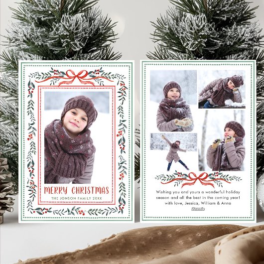 Funky Sage Green Christmas Bow Ribbon 5 Photo Feestdagenkaart