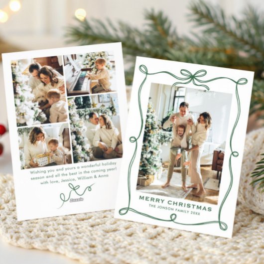 Funky Sage Green Christmas Bow Ribbon 5 Photo Feestdagenkaart