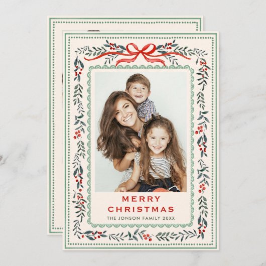 Funky Sage Green Christmas Bow Ribbon 5 Photo Feestdagenkaart (Voorkant / Achterkant)