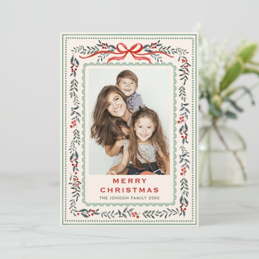 Funky Sage Green Christmas Bow Ribbon 5 Photo Feestdagenkaart (Staand voorkant)