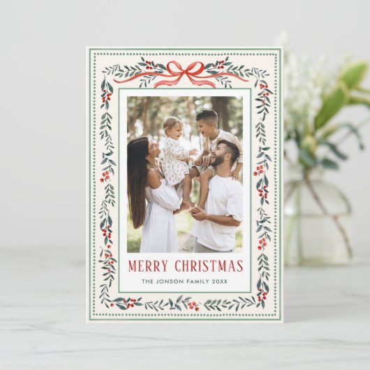 Funky Sage Green Christmas Bow Ribbon 5 Photo Feestdagenkaart (Staand voorkant)