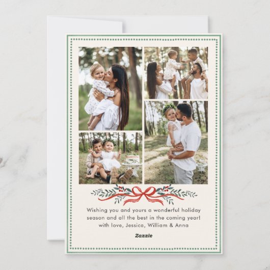 Funky Sage Green Christmas Bow Ribbon 5 Photo Feestdagenkaart (Achterkant)