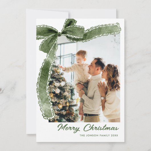 Funky Sage Green Christmas Bow Ribbon 5 Photo Feestdagenkaart (Voorkant)
