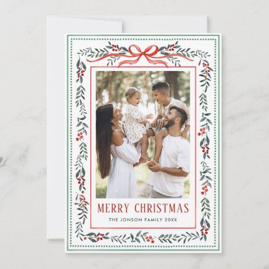 Funky Sage Green Christmas Bow Ribbon 5 Photo Feestdagenkaart (Voorkant)