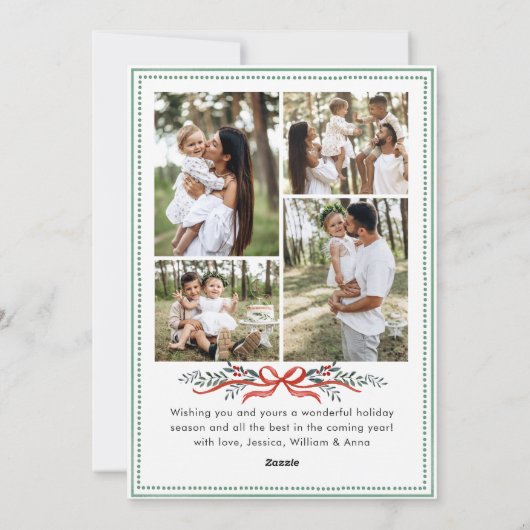 Funky Sage Green Christmas Bow Ribbon 5 Photo Feestdagenkaart (Achterkant)