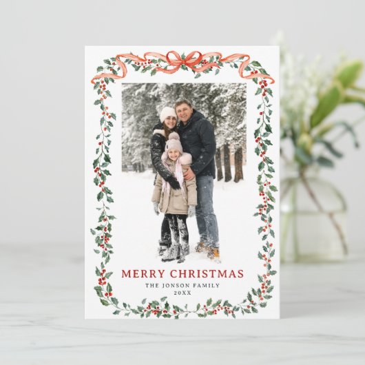 Funky Sage Green Christmas Bow Ribbon 5 Photo Feestdagenkaart (Staand voorkant)